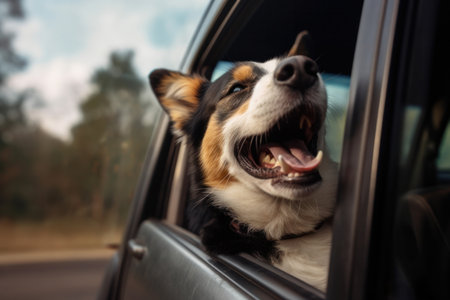 A happy-go-lucky dog riding in the car with its head out the window, enjoying the sunshine and feeling the wind in its fur. AI Generative innovation at its best.の素材