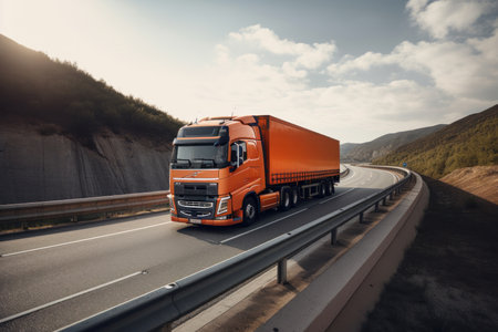 A semi truck hauling a trailer full of goods at sunset, with the mountains in the background navigating tough terrain to make deliveries. AI Generative.の素材