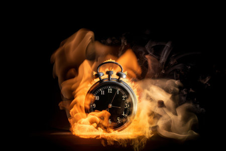 A conceptual image of a burning alarm clock on a dark background with fiery particles, indicating the pressure of deadlines and the importance of time management. Is AI Generative.の素材