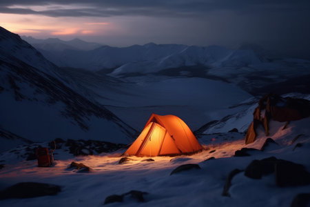 Sleep under the stars in a thermal-insulated tent on a cold winter night. Enjoy the peaceful beauty of nature. AI Generativeの素材