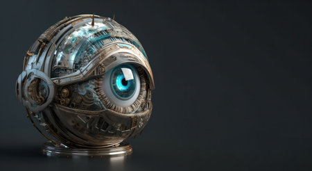 Mechanical device with a large eye, the perfect representation of a bionic eye. Stylized robotic eye with advanced artificial intelligence and high-tech engineering. AI Generativeの素材