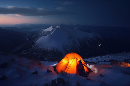 A tent pitched in the snow under a starry sky in the majestic mountains a winter wonderland adventure. AI Generativeの素材