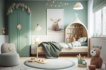 Scandinavian interior design of playroom with wooden cabinet, armchairs, Spacious child room with window, play tent, sack chair, poster mockup, Generative AIの素材