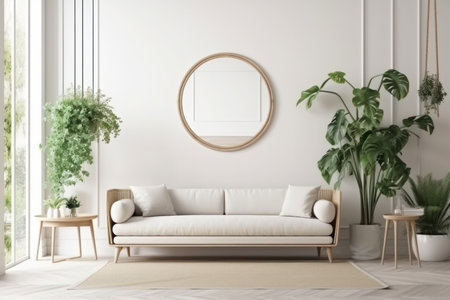 Scandinavian-inspired living room with white sofa, green houseplants, and mockup frame on wall. Perfect for showcasing artwork. AI Generative.の素材