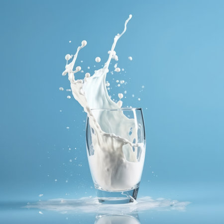 A glass of milk splashing on a blue background, capturing motion and beauty is AI Generative.の素材