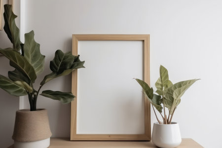 Modern interior design featuring a wooden table, potted plant, and mockup picture frame. AI Generative technology creates a lifelike image.の素材