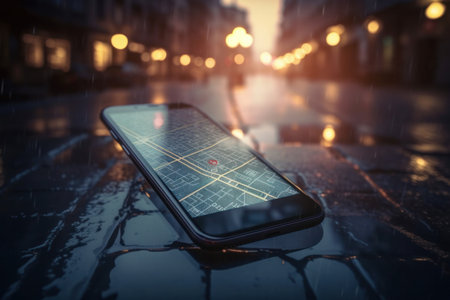In a city street on a rainy day, a smartphone with GPS navigation pins lies on the pavement, its touchscreen displaying weather updates and social media apps. Connectivity, convenience. AI Generative.の素材