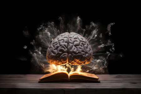 Explore the depths of the mind and unlock new ideas with a book featuring a glowing brain, perfect for the curious and imaginative. AI Generative.の素材