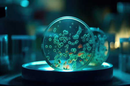 Abstract background with green bacterial growth in petri dish and pipette is AI Generative.の素材