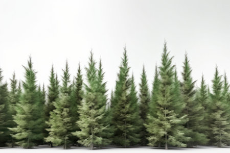 A peaceful winter scene with a row of trees covered in snow in a pristine forest on a white background is AI Generative.の素材