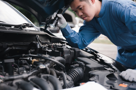 Asian man mechanic in blue suit analyzing car problems with electric lamp on the road. Repairman checking and repairing auto engine is visible.の写真素材