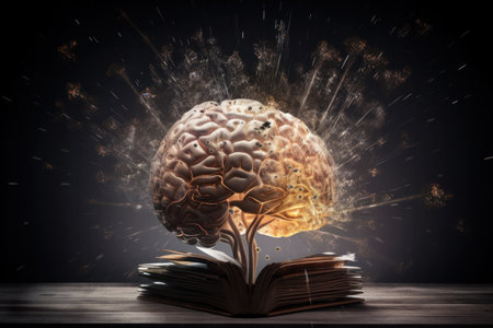 Experience the magic of reading with a book featuring a glowing brain, a symbol of wisdom and intellect. AI Generative.の素材