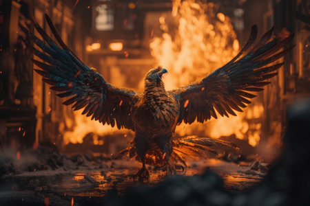 The mythical phoenix bird, with its fierce talons and majestic plumage, spreads its wings against a backdrop of scorching flames. AI Generativeの素材