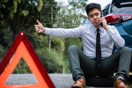Asian young businessman wearing white shirt and standing show thumbs up and calling cell phone for help. He standing by a broken down car behind a warning triangle and Man waiting Roadside assistance.の写真素材