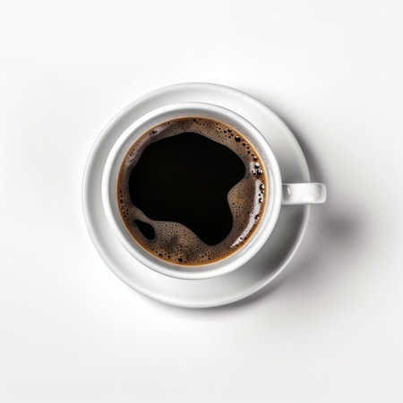 Simple and elegant cup of coffee on a white saucer perfect for a morning pick-me-up. Aroma is rich and inviting. AI Generativeの素材