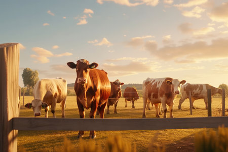 A tranquil scene of cows grazing on a bright green field, under the sunny sky of a natural and sustainable farm. Fresh air, healthy plants, and happy animals. AI Generative.の素材