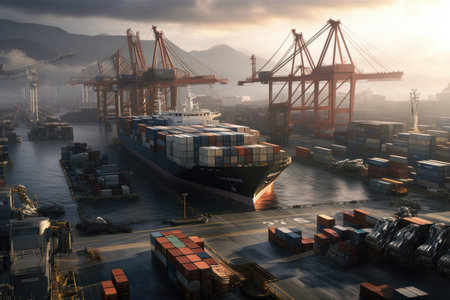A massive cargo ship loaded with containers docked at a bustling harbor. Trade, logistics, and shipping concept. AI Generative.の素材