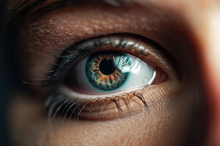 Intense and deep look captured in a close-up of a womans eye. Macro view of the pupil and iris in stunning blue color. Perfect for emotion, expression and beauty photography. AI Generative.の素材
