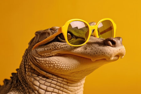 Quirky and funny, this crocodile in sunglasses is a unique addition to your fashion collection. Up close on a yellow background. AI Generative.の素材