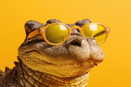 Nature meets fashion with this unique crocodile in sunglasses close-up. Exotic scales, teeth, and eyes. AI Generative.の素材