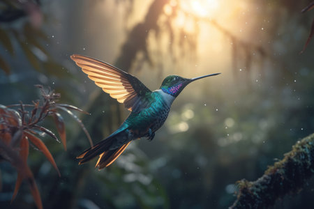 Peaceful hummingbird resting on a branch amidst the vibrant greenery of a lush forest in Costa Rica. AI Generative.の素材