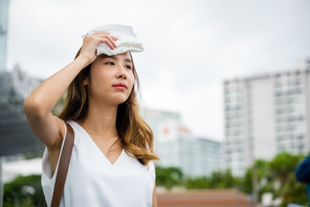 Asian beautiful business woman drying sweat her face with cloth in warm summer day hot weather,...