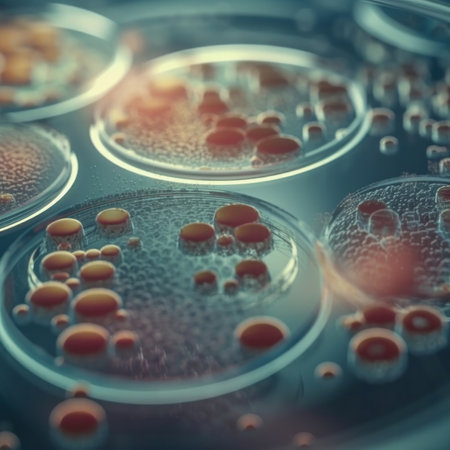 Close-up of virus cells under a magnifying glass for biomedical research is AI Generative.の素材