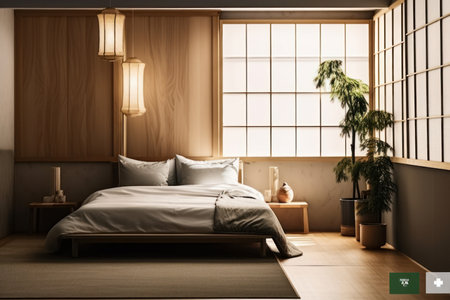 Escape to this peaceful and cozy bedroom, featuring a comfortable bed and natural light from the window. AI Generativeの素材