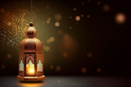 Ramadan Kareem! Beautiful greeting card with glowing lanterns on table against a dark background with bokeh lights. Ideal for Muslim festivals and events. Traditional and elegant design. AI Generativeの素材