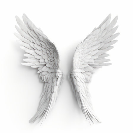 Feathered wings of an angel isolated on white background, a symbol of hope and light. AI Generativeの素材