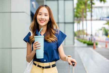 In the hustle and bustle of the airport, a young traveler stands out with her stylish luggage and a cool drink in hand. Ready for her next journey, shes a true globetrotter.の写真素材