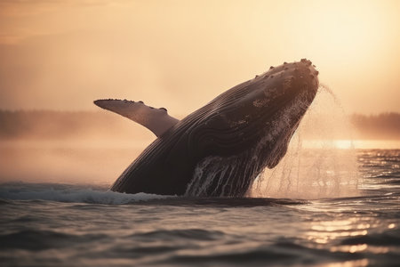 Experience the wonder of nature with a breathtaking image of a humpback whale breaching in the Pacific Ocean. Is AI Generative.の素材