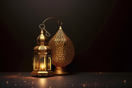 Ramadan lanterns on the table with bokeh lights and street lamp in the background. Elegant greeting card with copy space for Muslim holidays and celebrations. Rustic and vintage design. AI Generativeの素材
