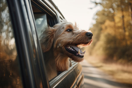 Adorable furry pet feeling the wind on its face while traveling in a car with its owner is AI Generative.の素材