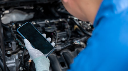 Mechanic taking control of car repair with smartphone at workshop. Close-up shot of male technician examining engine with wrench. Horizontal photo with garage background.の写真素材