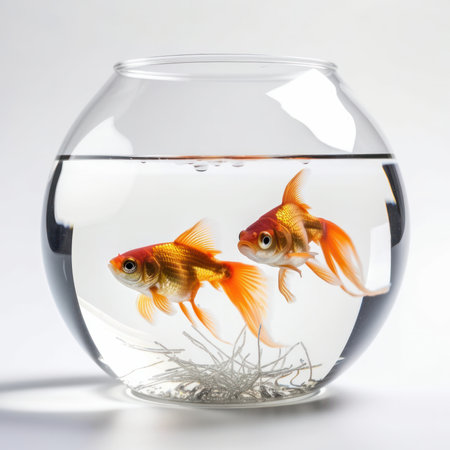 A colorful goldfish swims gracefully in a clear glass bowl, adding a touch of nature to any room. AI Generative.の素材