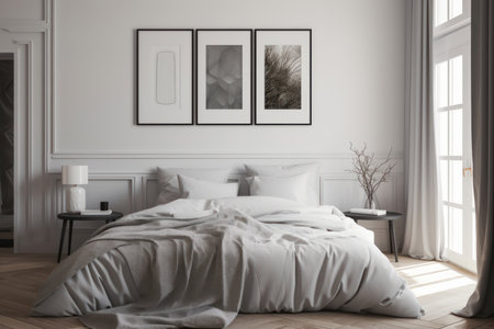 Bohemian bedroom with mockup poster frame showcasing canvas print. Colorful patterns and textures, as well as plant decor, create a calming ambiance. AI Generative.の素材