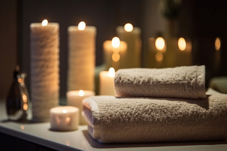 Transform your bathroom into a tranquil spa oasis with this elegant decor featuring towels, candles, and wooden table. AI Generative.の素材