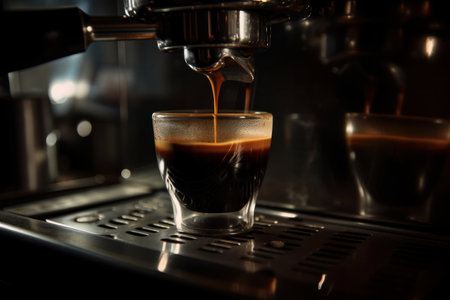 Modern coffee machine preparing a cup of creamy cappuccino, with freshly ground beans and smooth foam. Enjoy the perfect coffee break. AI Generativeの素材