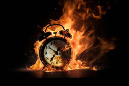 The passing of time and urgency are conveyed in this image of a burning alarm clock on black background. The clocks large numbers and hot particles add a dramatic effect. AI Generative.の素材