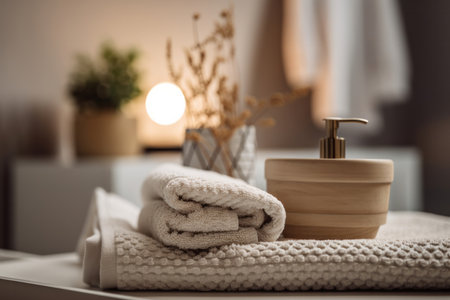 Luxurious bathroom setup with organic towels and decorative candles on a wooden table, offering indulgent self-care. AI Generativeの素材