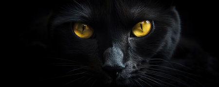 A striking close-up of a black cat with yellow eyes, appearing almost otherworldly against a dark background. Is AI Generative.の素材