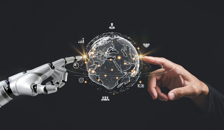 Business man and robot hand pointing at smart business technology, global internet connection,...