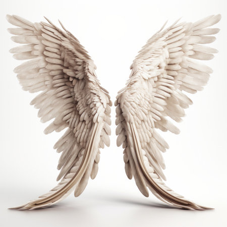 Symbolic white angel wings isolated on white background, signifying hope and purity. AI Generativeの素材