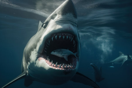 A fierce predator shark with fins in motion and open jaws, swimming in the beautiful underwater world of the ocean. AI Generative.の素材