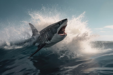 Great white shark leaping out of the water in a dramatic action shot, jaws open wide. South bay waters never looked so thrilling. AI Generative.の素材
