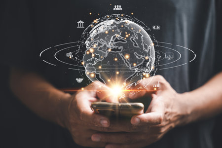 Digital link tech and big data concept. Mans hand holding virtual Global Internet connection in the metaverse. Business global technology and digital marketing. Financial and banking.の写真素材