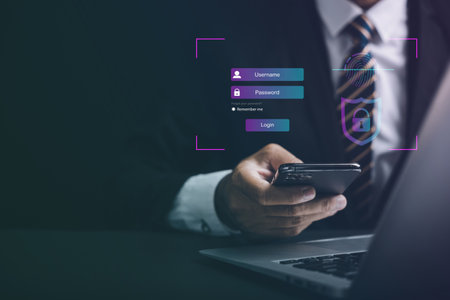Security and access personal financial data with futuristic biometric fingerprint scanner on phone...