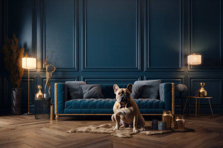 Faithful dog sitting in front of a cozy couch, the perfect companion for a lazy afternoon. A loyal and furry friend at home. Is AI Generative.の素材