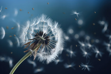 A stunning shot of dandelions dispersing in the breeze, reminding us of the fleeting yet beautiful moments in life. AI Generative.の素材